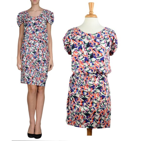 BALENCIAGA DRESS PRINT SATIN PLEAT SLEEVE DROP WAIST sz FR 38 / US 6 - Picture 1 of 7